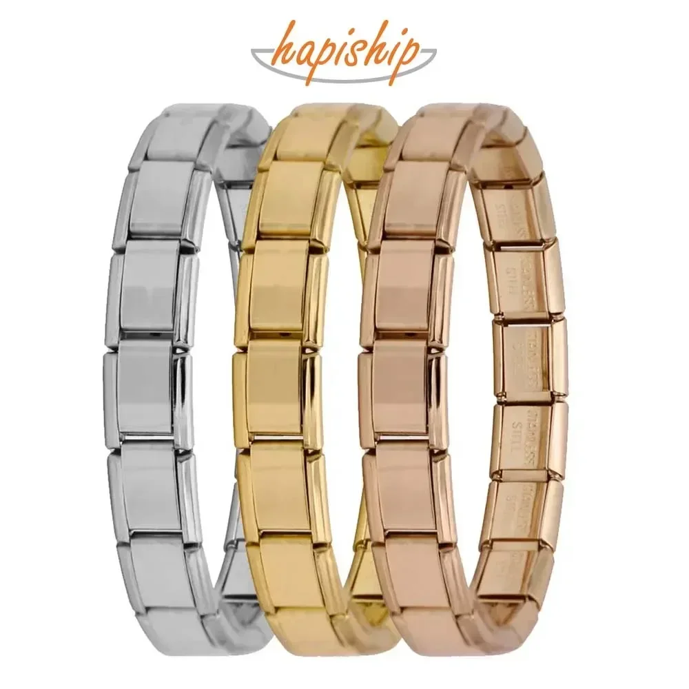Hapiship Nueva joyería para mujer, pulsera elástica Itanlian de 9mm de ancho, brazalete de acero inoxidable a la moda ST-