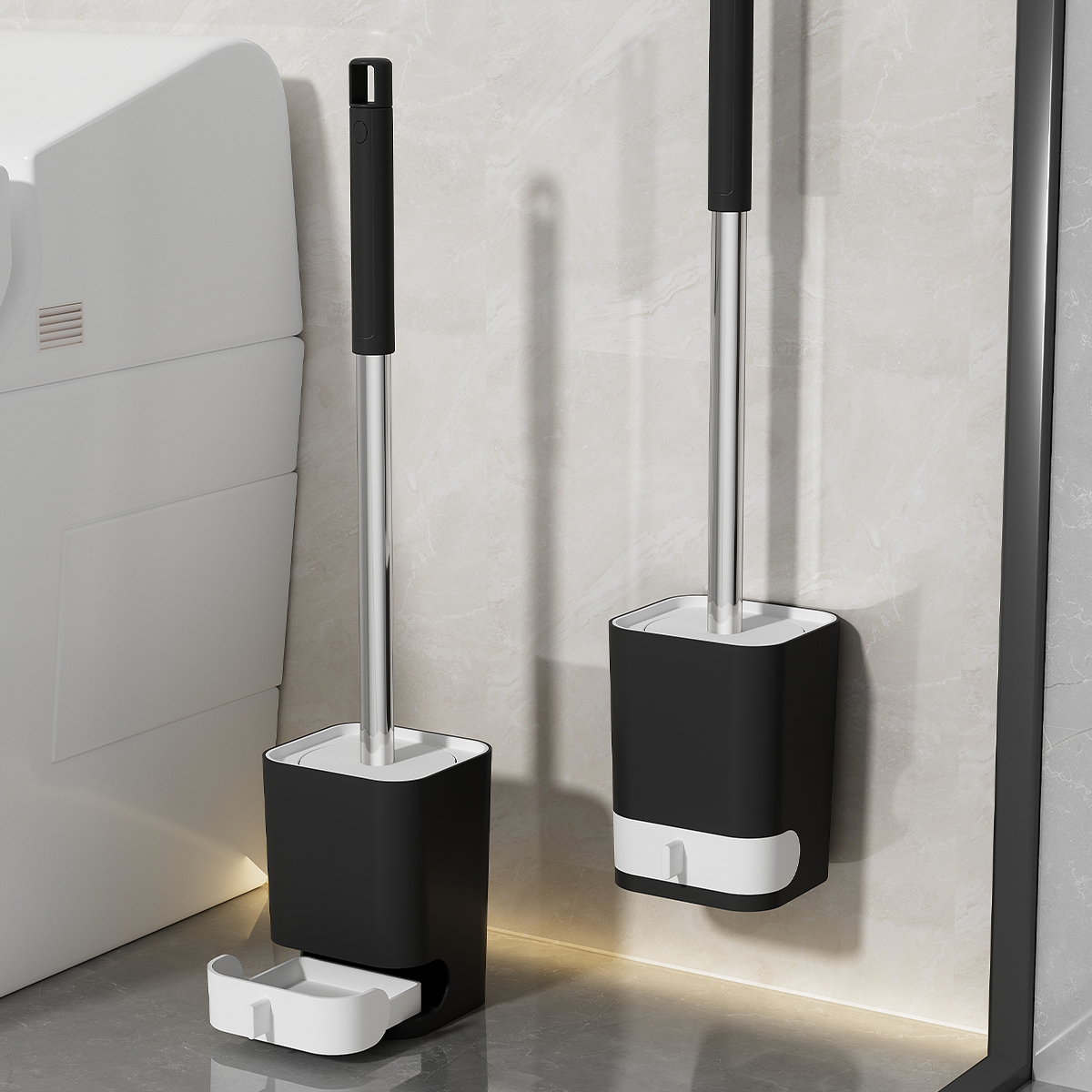 WORTHBUY Cepillo de inodoro de plástico de mango largo con Base de drenaje, sin perforaciones, montado en la pared, cepillo de limpieza de inodoro, accesorios de baño