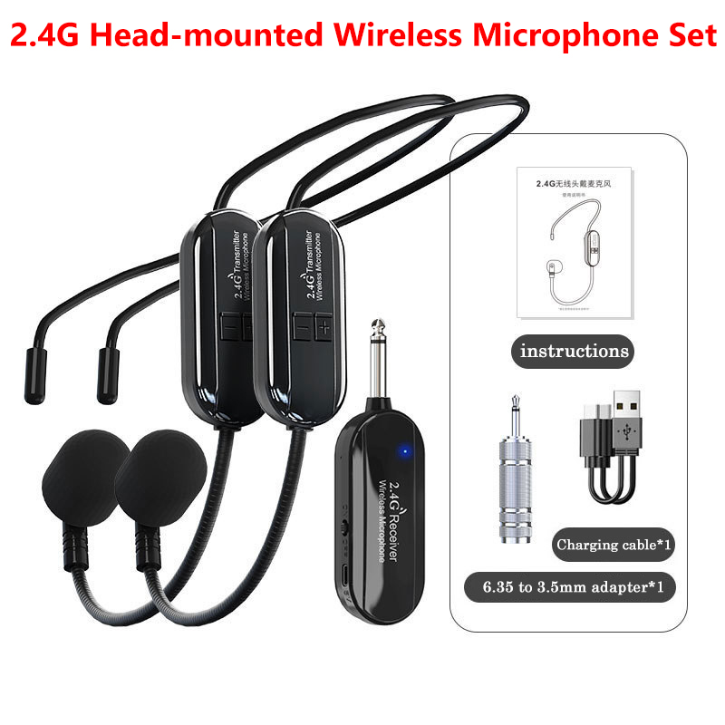 2.4G ヘッドマウントワイヤレスラベリアマイクセット送信機と受信機付きアンプ音声スピーカー教育ツアーガイド