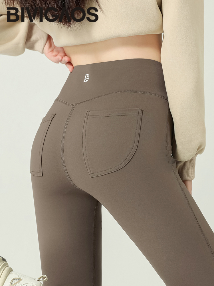 BIVIGAOS 2024 Herbst Neue Gesäßtasche Haifischhaut Hosen Leggings Frauen Hohe Taille Sport Yoga Laufen Casual Leggings