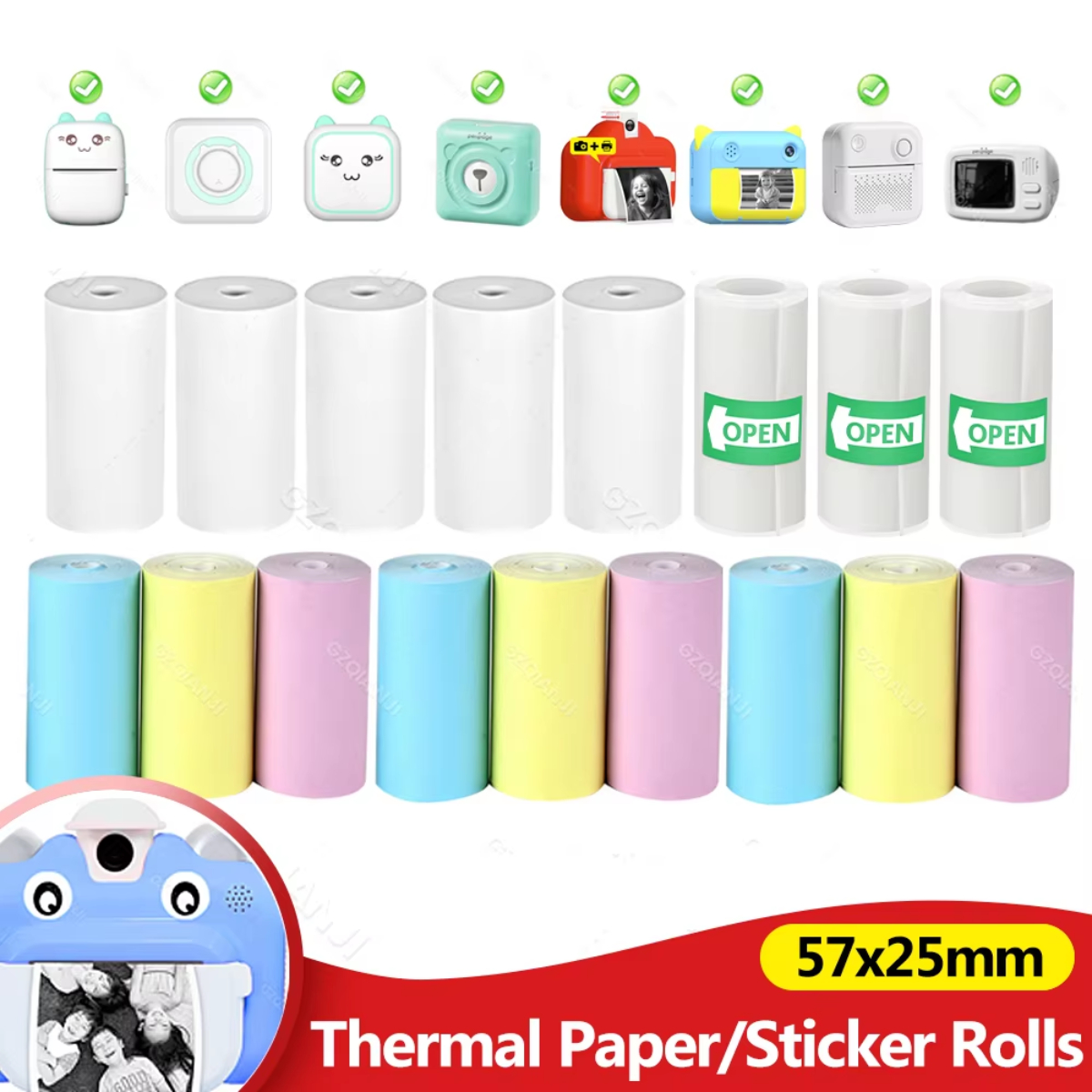 3/5/10 rouleaux poche Mini imprimante blanche papier thermique autocollant enfants caméra impression instantanée enfants caméra impression papier remplacement