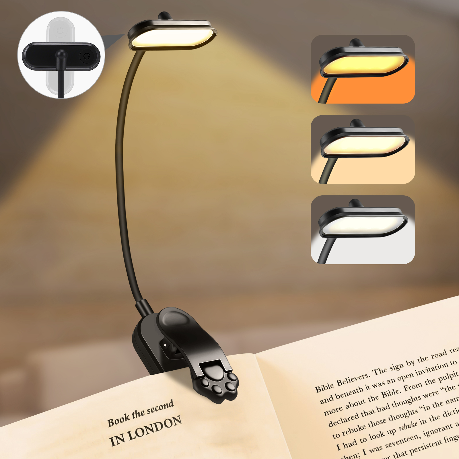 Lampe de lecture LED rechargeable par USB, 3 niveaux de luminosité (blanc chaud, blanc froid, lumière du jour), portable, flexible, avec clip facile, lampe de lecture nocturne