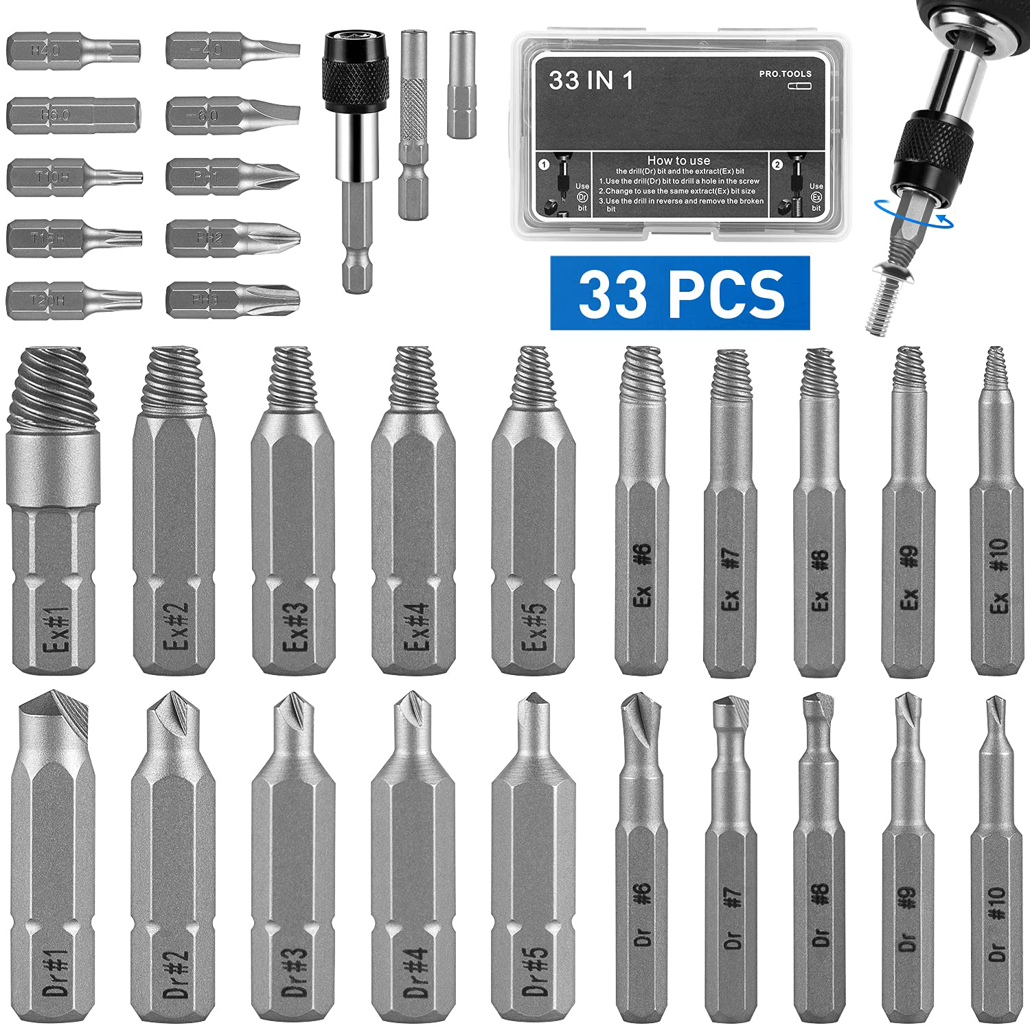 Kit estrattore per viti danneggiate da 33 pezzi con punta da trapano per prolunga per manicotto per strumento di rimozione vite per rimozione bulloni a ghigliottina universale