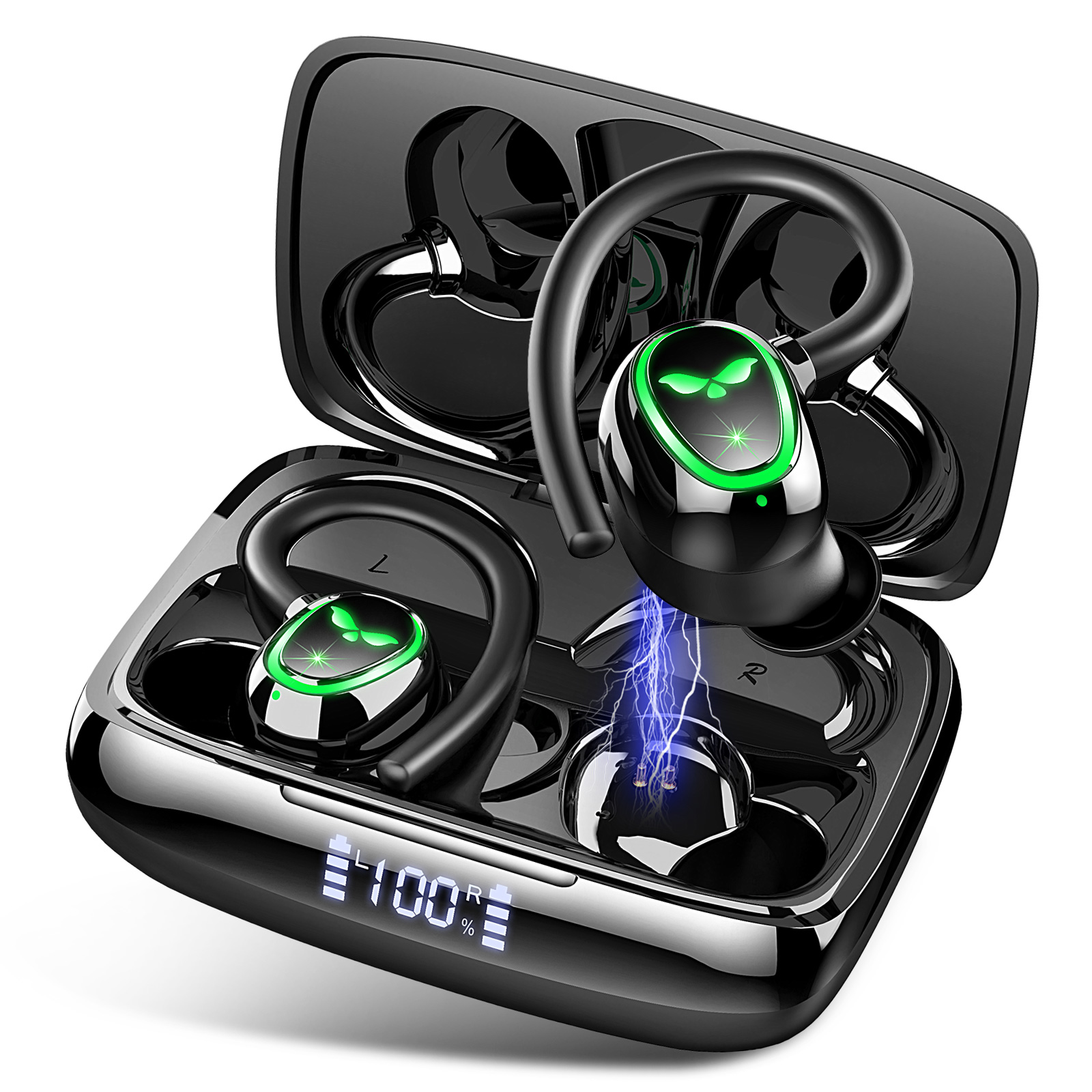 Fones de ouvido sem fio, fones de ouvido Bluetooth 5.3 com microfone duplo, 48 horas de reprodução com display LED Fones de ouvido esportivos sem fio.