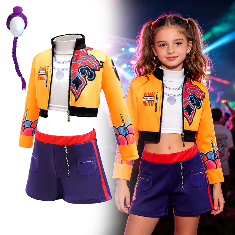 Set Kostum Cosplay Gambar Grafiti Gaya Jalanan Anak Perempuan Celana Pendek Jaket Crop untuk Permainan Peran Pesta Ulang Tahun Halloween