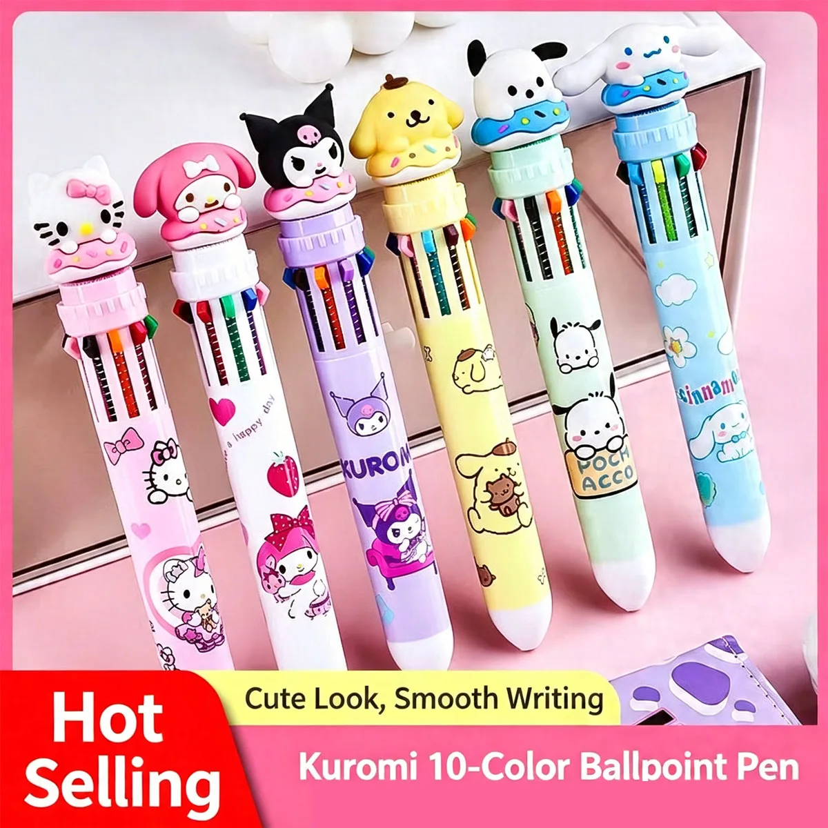 Zestaw długopisów wysuwanych Sanrio Family, 10 kolorów, urocze Kuromi, Cinnamoroll, My Melody, artykuły szkolne i biurowe.