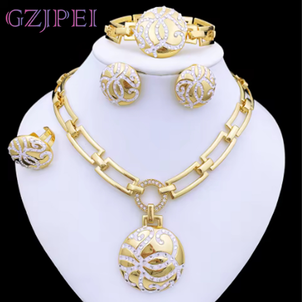 Klassiek Ontwerp Vrouwen Ketting Oorbellen Ring Armband Hanger Sieraden Set 18K Verguld Bruiloft Feest Hoge Kwaliteit Sieraden