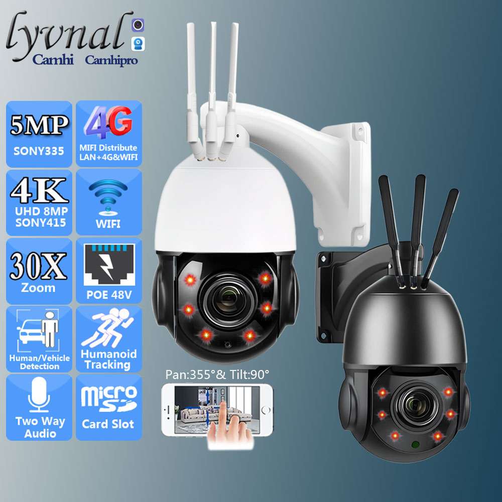 C-RU.So-ny415 4K 8MP 5MP Беспроводная безопасность 3G 4G SIM-карта/WIFI/POE PTZ Купол 30-кратный автоматический зум Двустороннее аудио Отслеживание человека ИК 80M