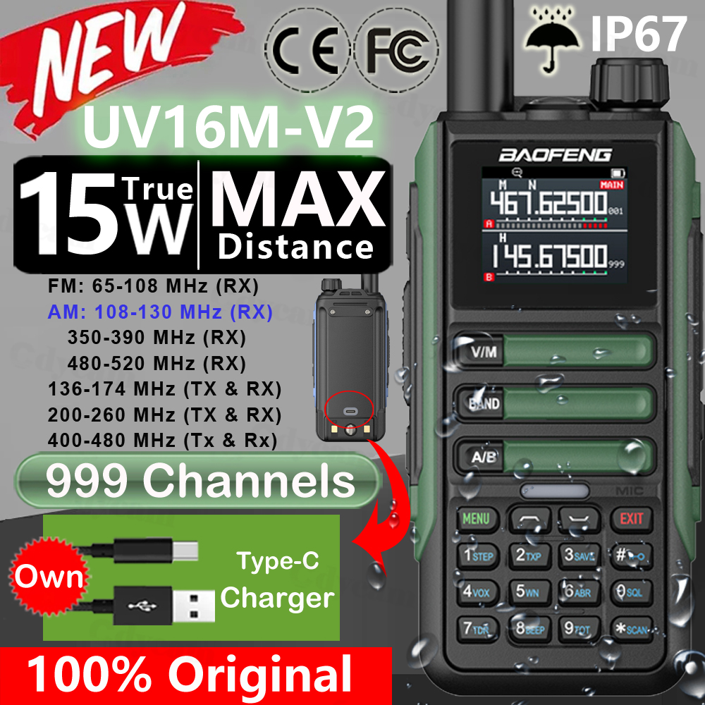 Actualización Baofeng UV16M V2 Walkie Talkie 15W alta capacidad AM FM Radio bidireccional banda completa LCD 999CH copia de frecuencia NOAA reducción de ruido