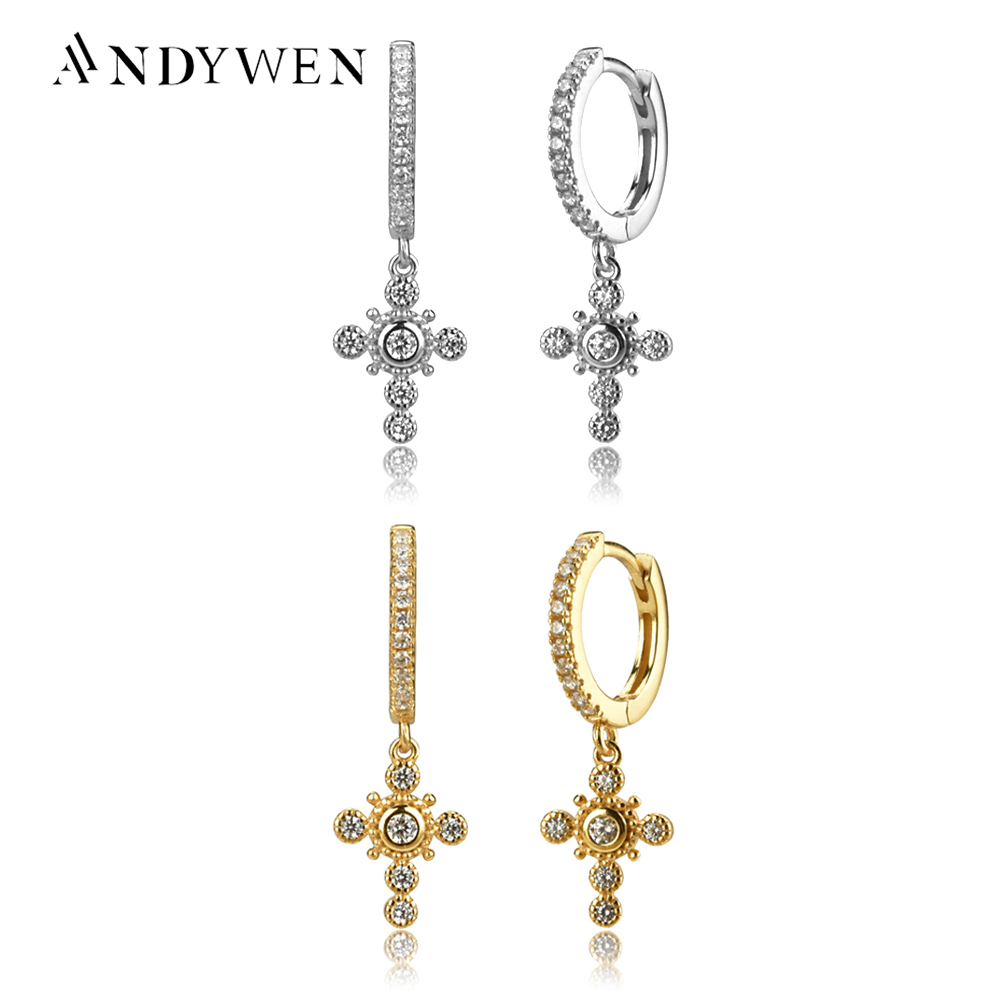 ANDYWEN 925 argent Sterling or cristal Zircon CZ cercle goutte boucle d'oreille croix Pendiente Piercing sans Clips femmes bijoux de luxe