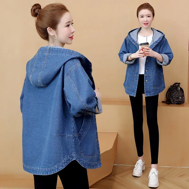 Oversized Denim Jas Vrouwen Hooded Jas Lente Herfst Losse Vrouwelijke Rug Gedrukt Jeans Jasje Plus Size Casual Student Uitloper