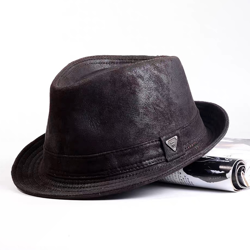 Male Fedoras Genuine Leather Suede Sheepskin Formal hat Gentleman Cow Skin Short Brim Black/Brown Top Hat Male Shows Gentleman
