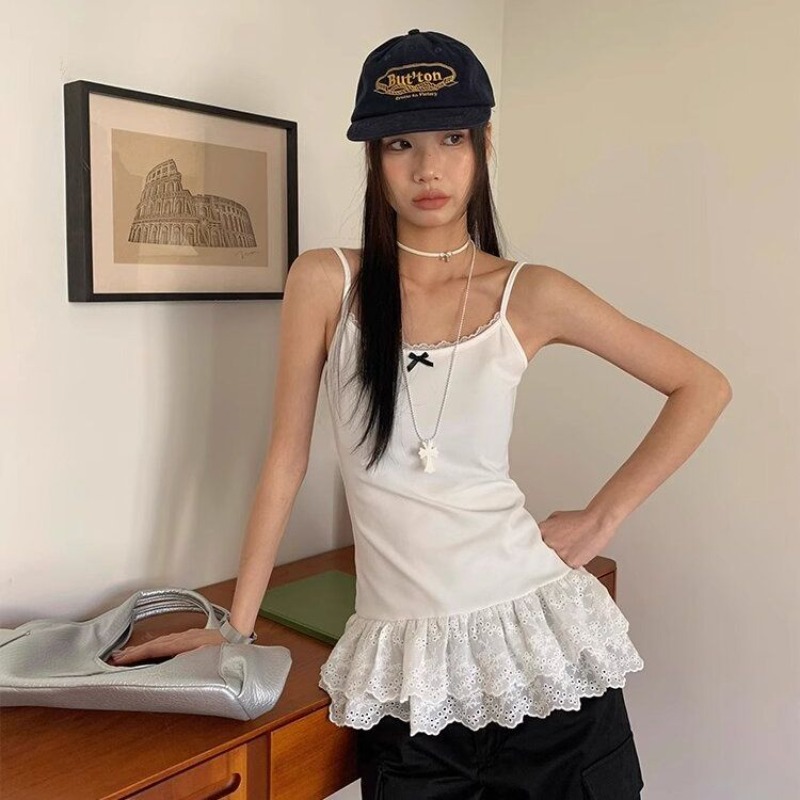 Women Patchwork Lace White Suspender Vest Trim Bottom Hem Layer Skinny Halter Tops Ruffle Edge Skin-friendly Breathable Vest