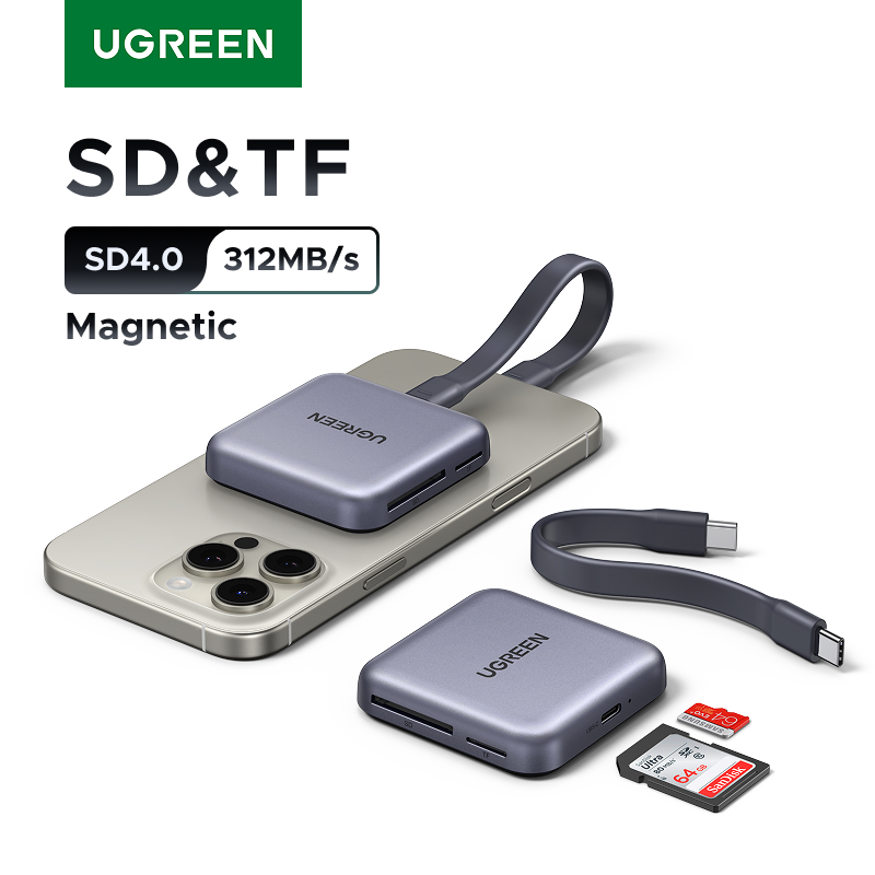 UGREEN Magnetic Card Reader USB-C to SD/TF Slot SD4.0 312 เมกะไบต์/วินาทีสําหรับโทรศัพท์ Magsafe แล็ปท็อปอุปกรณ์เสริม SD Micro SD Card Adapter