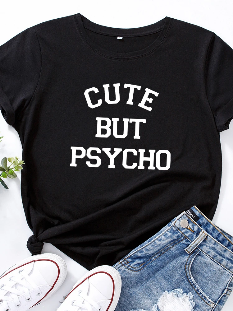 Carino Ma Psycho Lettera Stampa T Shirt da donna Manica corta O Collo Maglietta da donna allentata Maglietta da donna Top Vestiti Camisetas Mujer