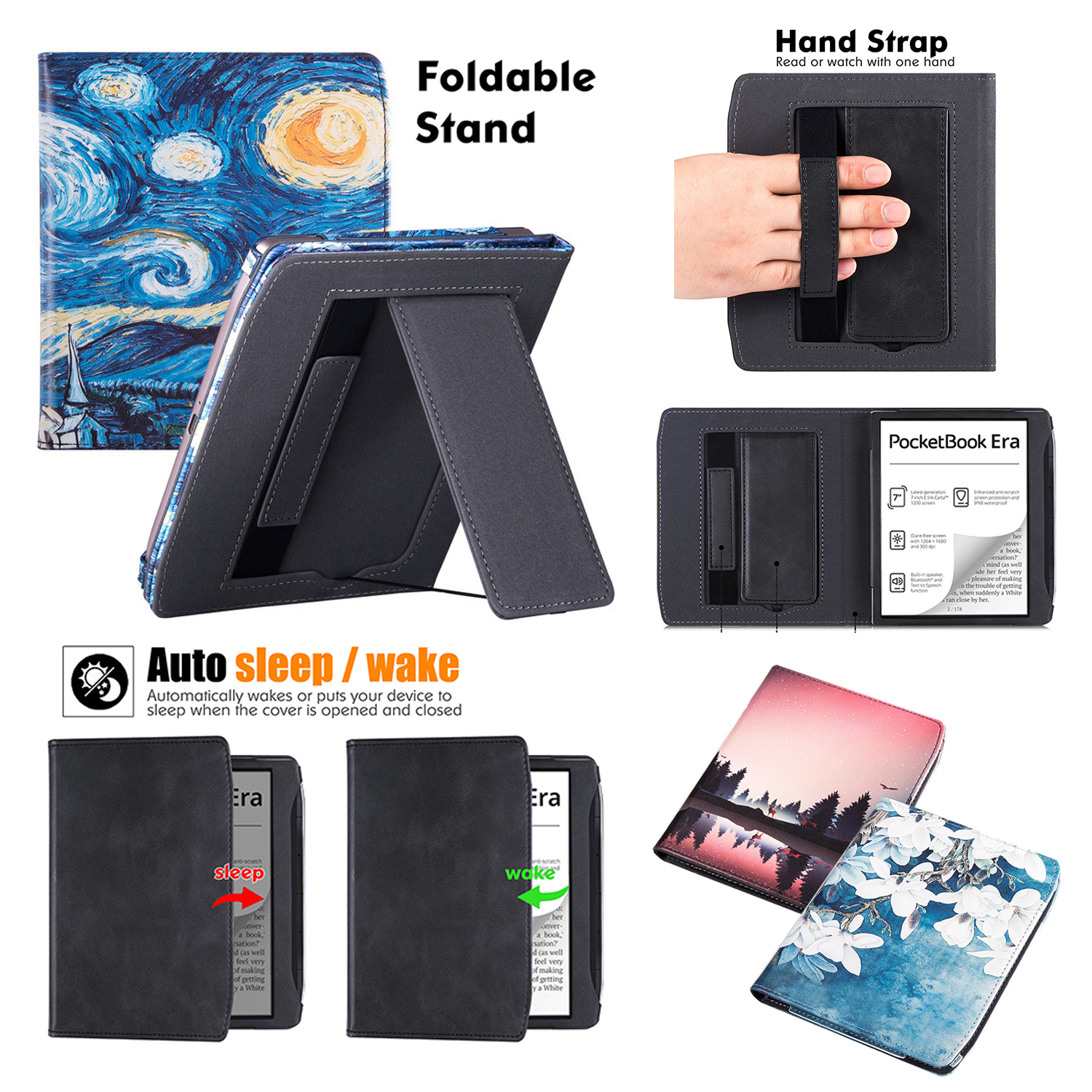 Etui na kieszonkowe z epoki PB700 otwierany futerał ze stojakiem 7 cali z pasek na rękę funkcja automatycznego włączania i wyłączania ebookami PU skórzana okładka 7 ''2022 Funda