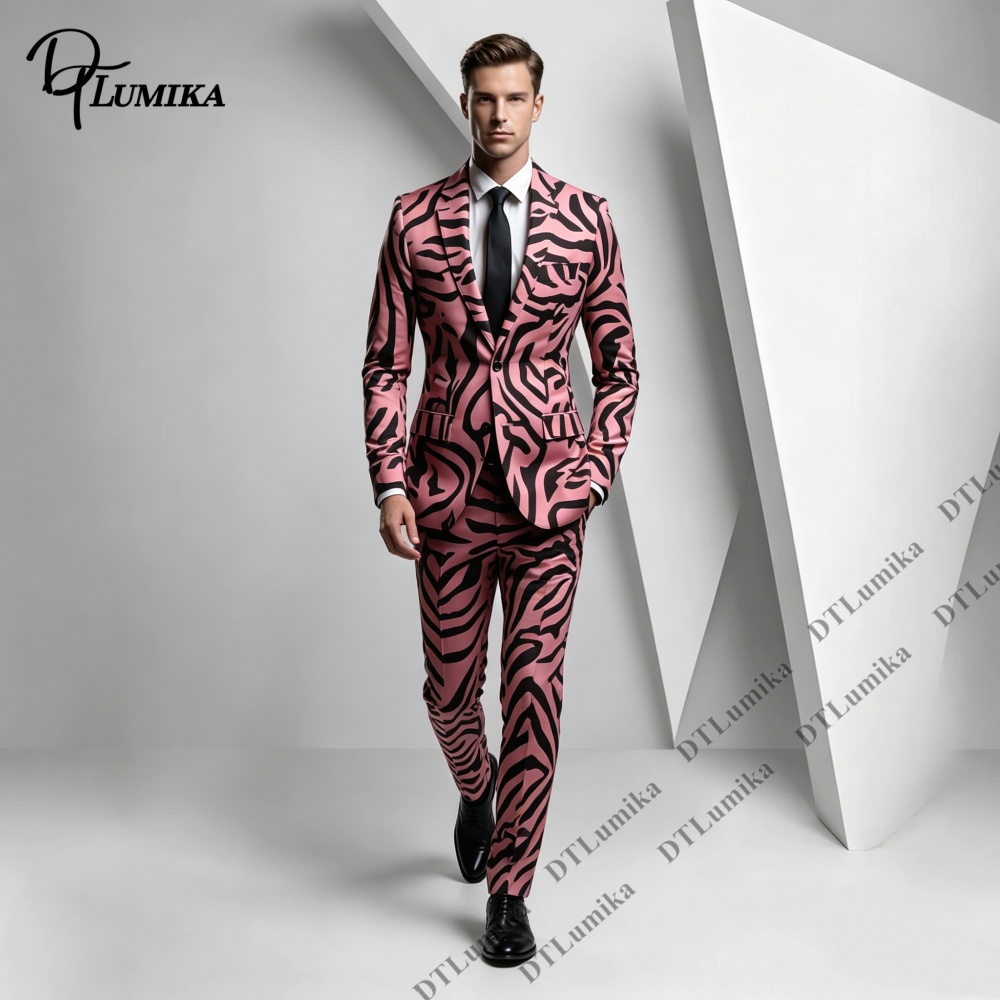 Conjunto de Terno Masculino com Estampa de Listras de Zebra, Blazer e Calças Retas, Moda para Fotoshoot, Prom, Carnaval, Festa Temática