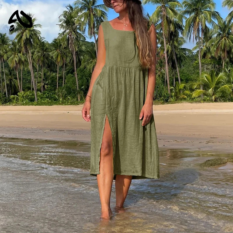 Musselin 100% Baumwolle Boho-Kleid Lässiges U-Ausschnitt Ärmelloses Sommerkleid Lockeres Freizeitkleid Damen-Robe