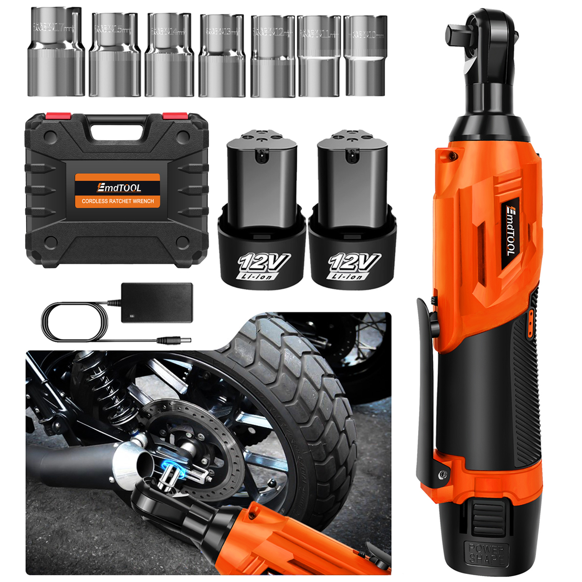 Accu ratelsleutel, 3/8" 12V elektrische ratelschroevendraaier met 7 stopcontacten, twee 1500 mAh Li-ionbatterijen, voor tafel, fiets, doe-het-zelf