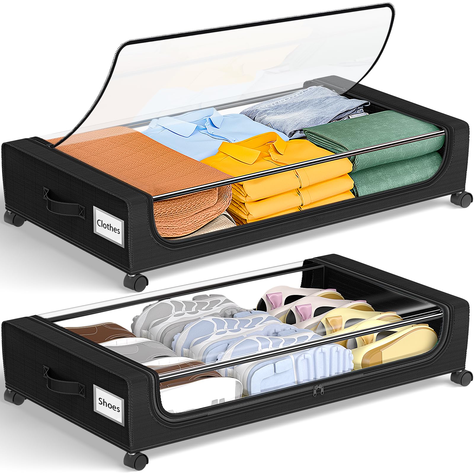 Armazenamento Sob a Cama com Rodas, Pacote com 2 Caixas de Armazenamento de 48L Cada com Tampas Transparentes e Etiquetas, Caixas de Armazenamento para Abaixo da Cama