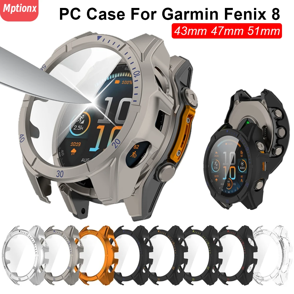 Funda de PC + vidrio para Garmin Fenix 8, 43mm, 51mm, 47mm, Protector de pantalla, película antiarañazos, cubierta protectora de parachoques para Garmin Fenix 8