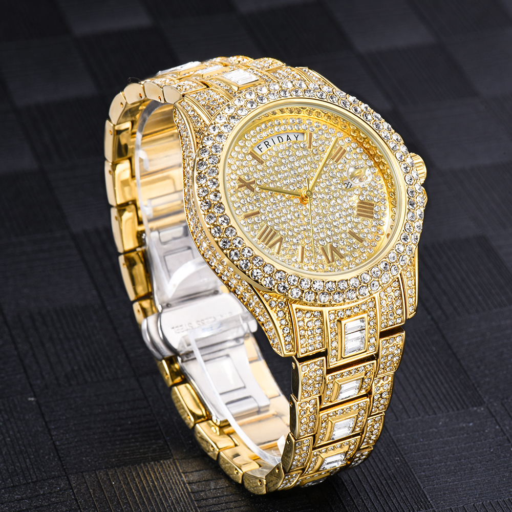 Jam tangan es penuh untuk pria, jam tangan pria Quartz berlian Hip Hop emas mewah, jam tangan tanggal tahan air, produk terlaris 2023