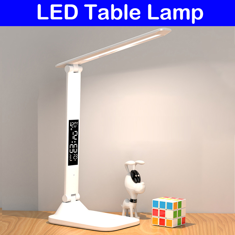 Lâmpada de mesa dobrável usb leitura toque regulável proteção para os olhos com despertador termômetro led lâmpada de mesa carga usb luz noturna