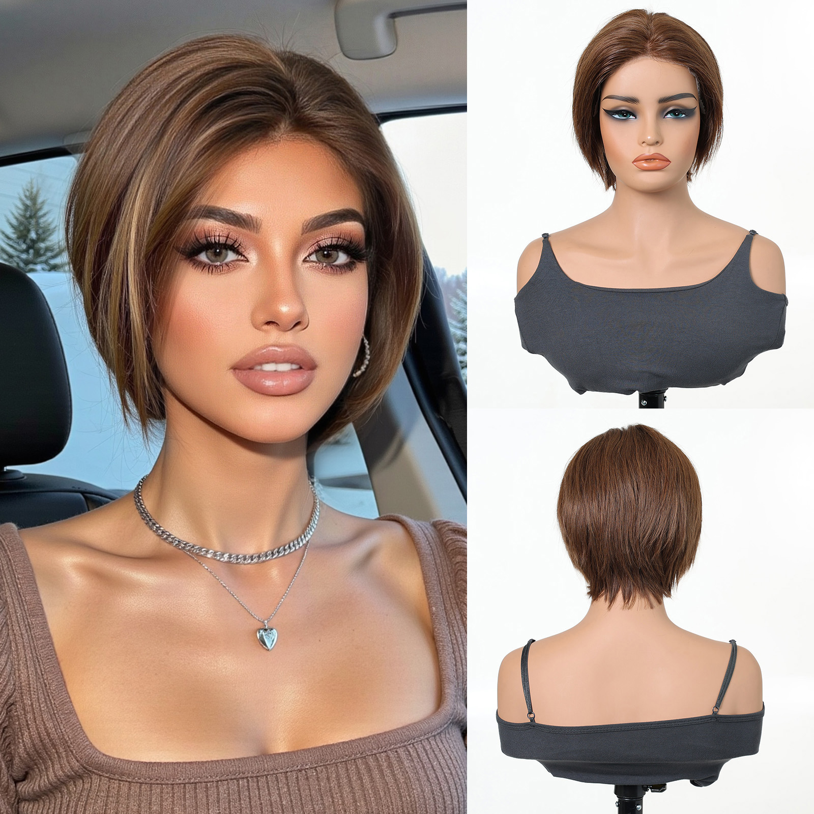 Peruca de Cabelo Humano Curta Lisa Marrom 4x1 Lace Front Brasileira Pré-Alongada Sem Cola para Mulheres - Uso Diário com Linha Capilar Natural