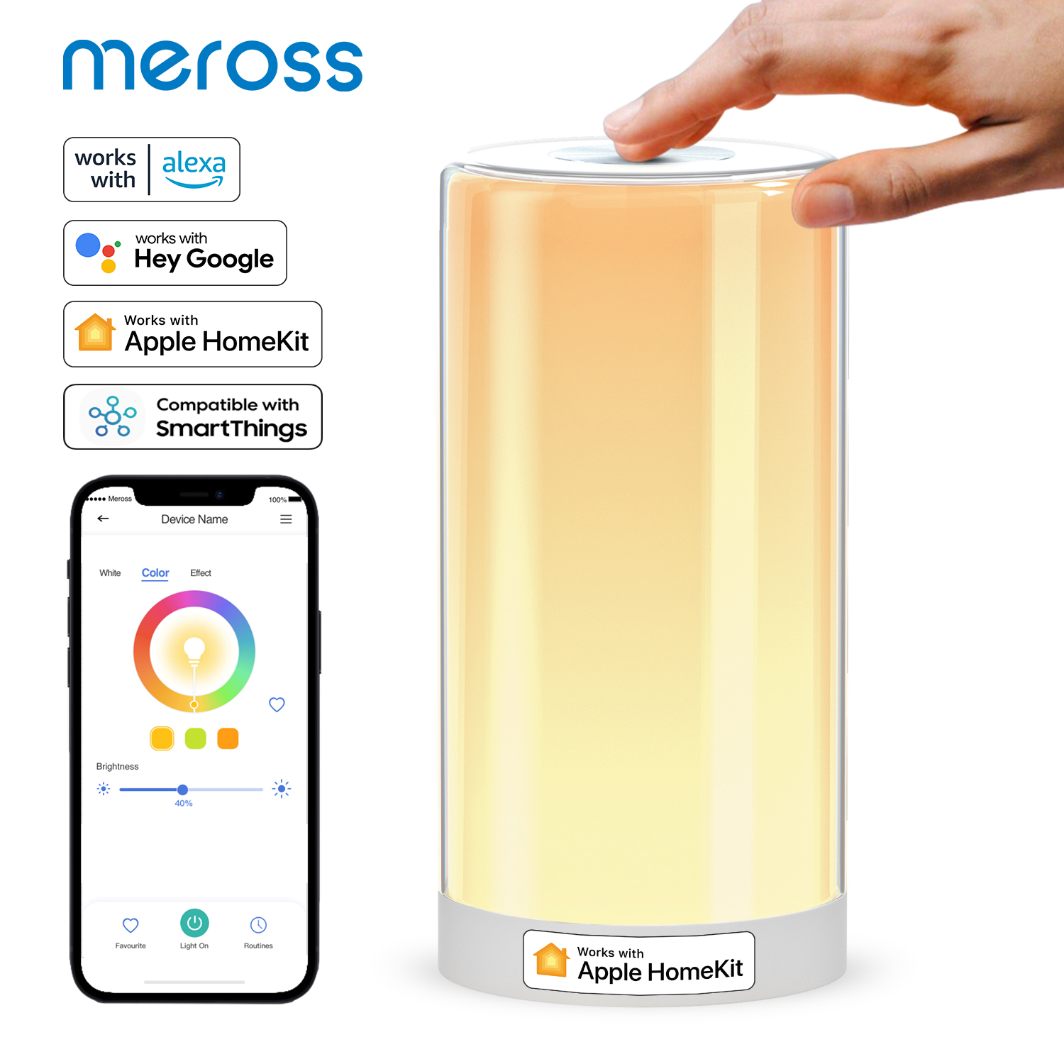 Meross Lámpara Inteligente de Mesa, Luz Led RGBWW, Linterna Nocturna con Wifi, Sensor Táctil, Iluminación Regulable, Compatible con HomeKit Alexa y Asistente de Google, 6W