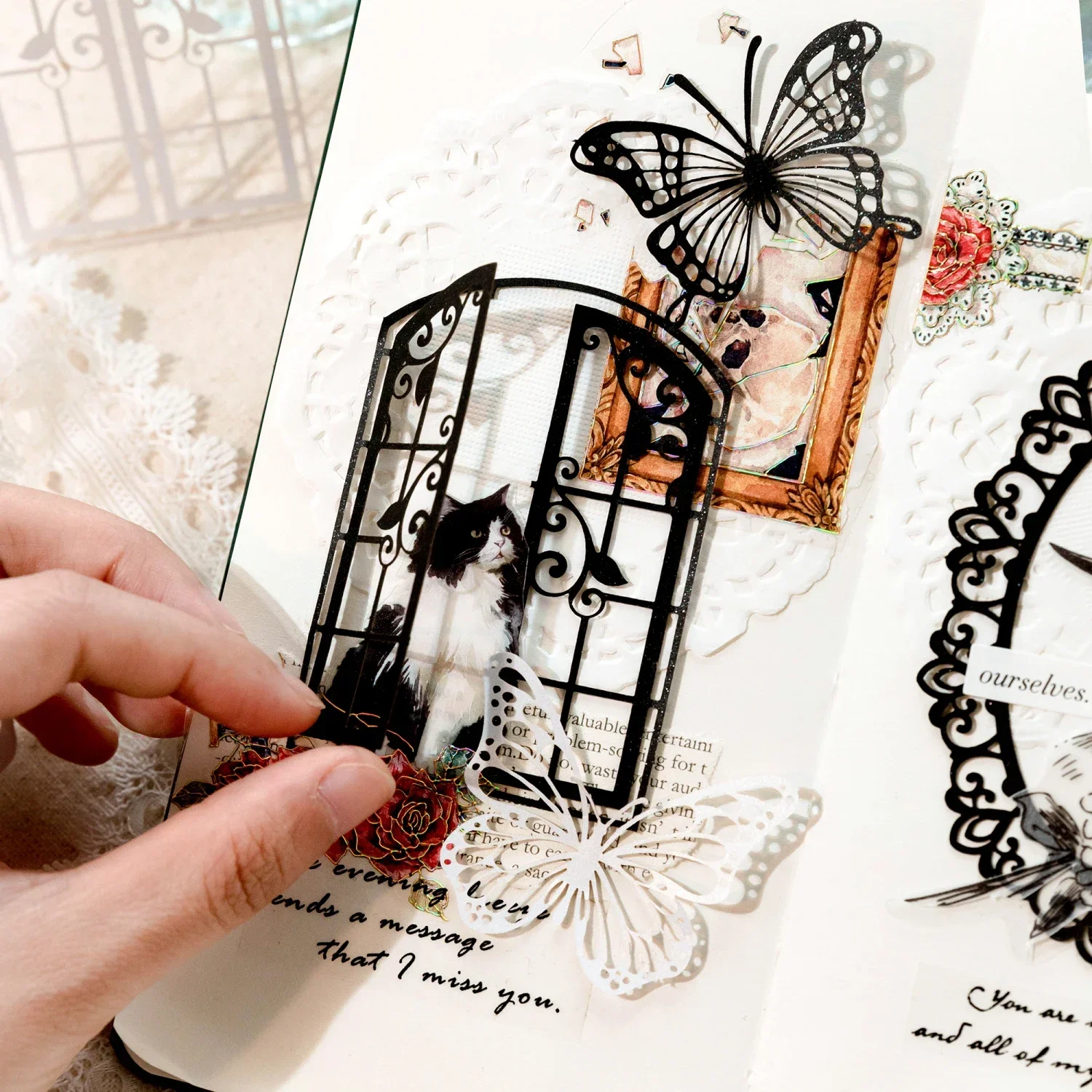 Journamm 20 ชิ้น/แพ็ค Hollow Out Craft กระดาษ Aesth ดอกไม้หน้าต่าง Collage ขยะ Journal DIY Scrapbooking สีดําสีขาววัสดุกระดาษ