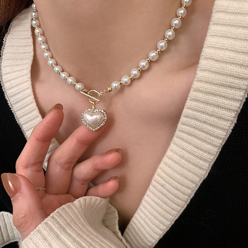 Weiße Imitation Perlen Halskette Frauen Kristall Stein Herz Anhänger niedliche Mädchen Schmuck Halskette Collier Femme