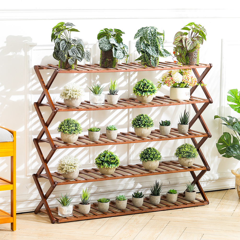 Estante de bambú marrón de 5 niveles para interior, soporte de flores para Patio, jardín y balcón