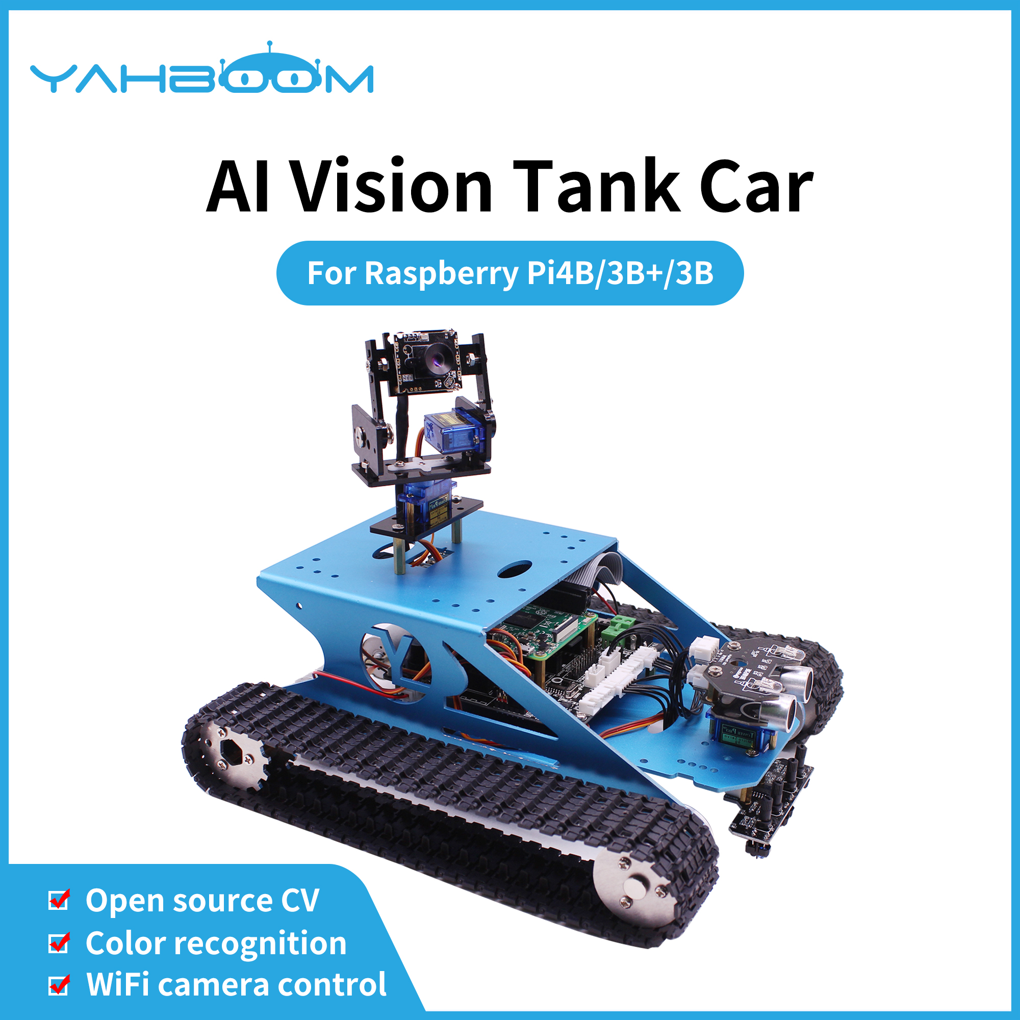 Yahai BOOM Vision G1Tank รถราสเบอร์รี่ Pi ชุดรถหุ่นยนต์โอเพนซอร์สพร้อมกล้องวีดีโอ WIFI สำหรับ RPI 4B 3B + สำหรับการเขียนโปรแกรมทางการศึกษา