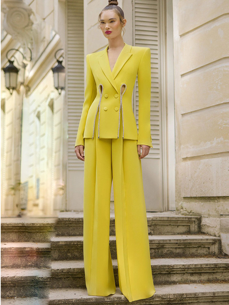 Completo da Donna di Alta Moda 2026, Blazer con Spacco e Perline di Diamanti, Pantaloni Dritti, Set 2 Pezzi