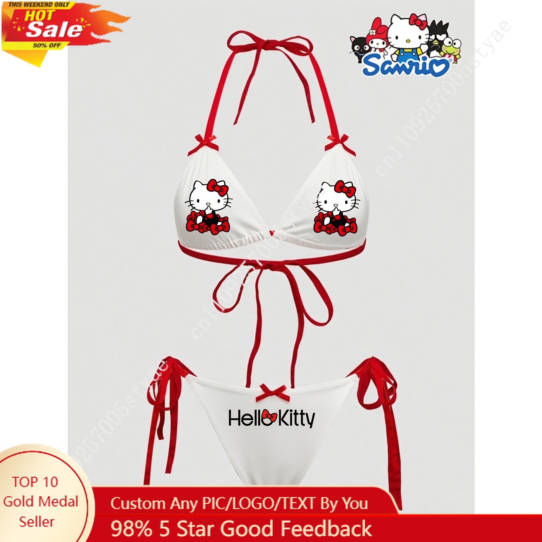 Conjunto de Top e Calcinha de Natação Sem Fio com Estampa de Desenho Animado e Laço Vermelho Sexy da Sanrio Hello Kitty para Mulheres
