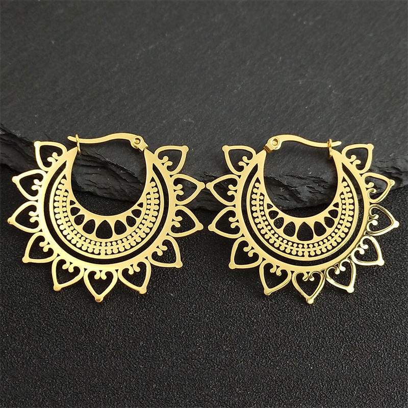 Pendientes de acero inoxidable con Mandala étnico Tribal gitano de la India, pendientes de aro con flor de loto de Color dorado para mujer, aretes de joyería E9354S01