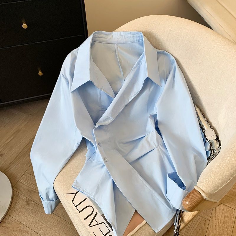 Camisa Polo de Manga Longa Irregular para Mulheres, Blusa Branca Elegante, Top Básico, Moda Feminina para Trabalho