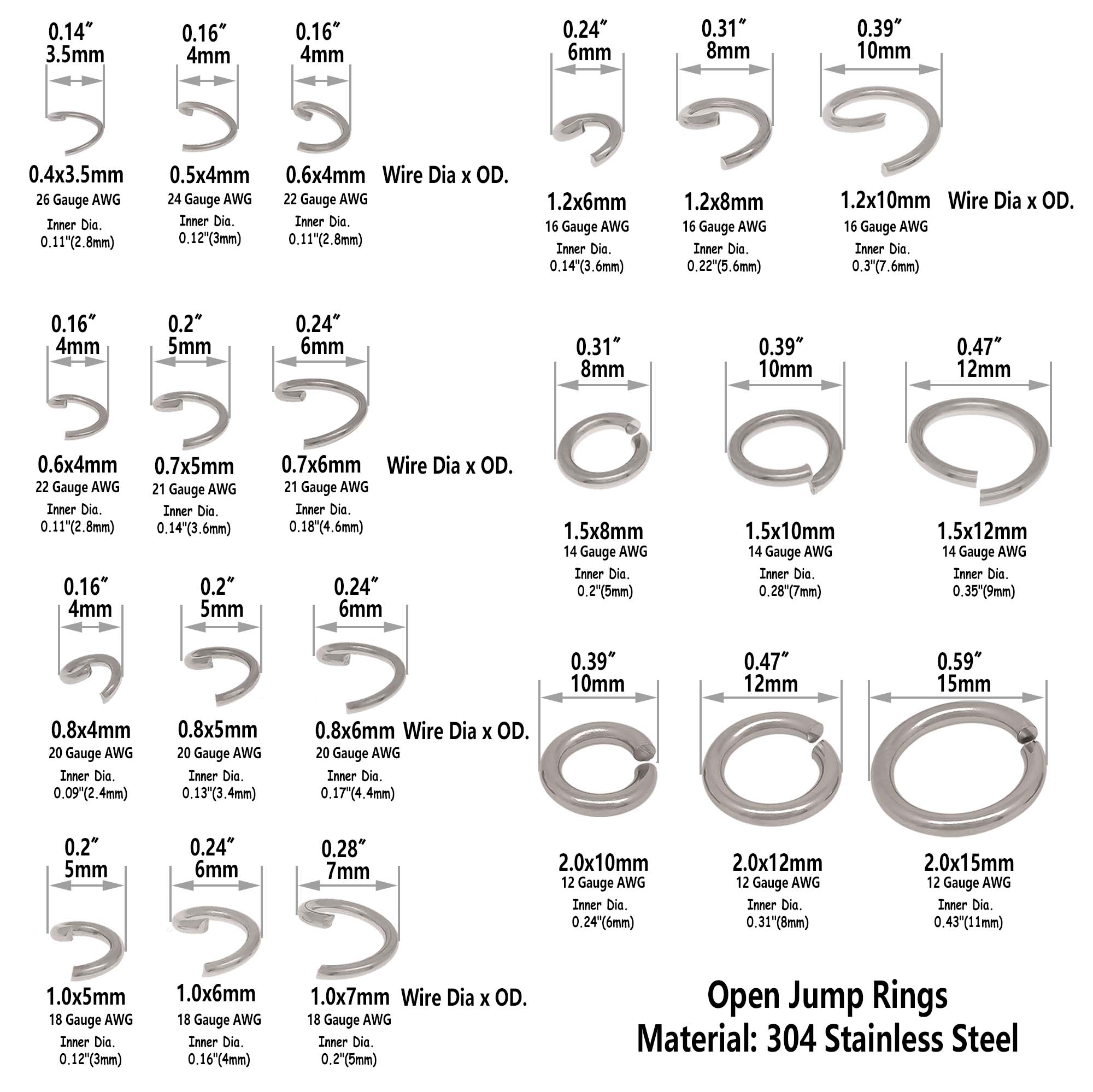Anéis de salto de aço inoxidável, 250/1000/5000 peças, 4mm 5mm 6mm 7mm 8mm 9mm 10mm 12mm 15mm, anéis redondos de metal divididos abertos