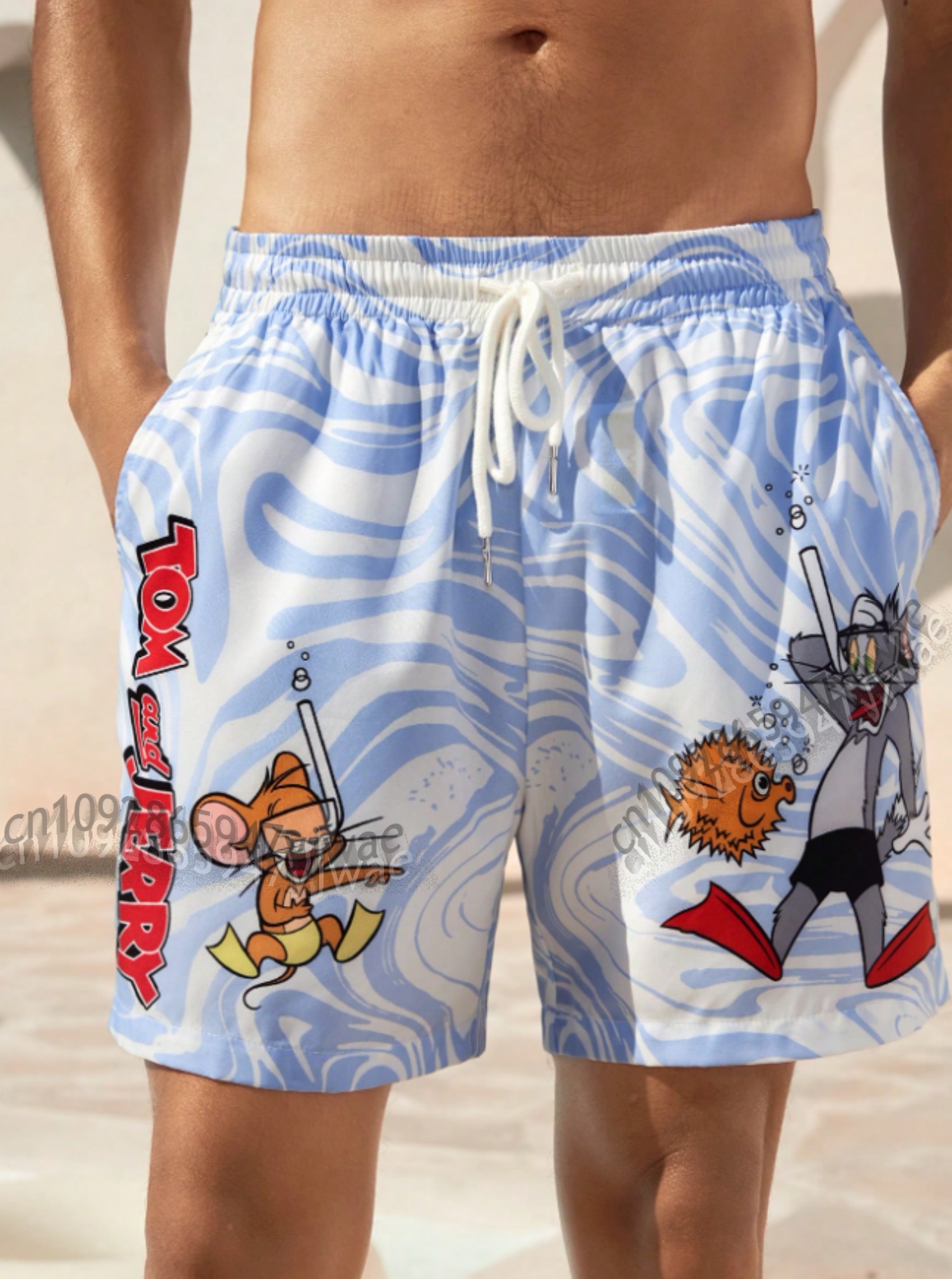 Novos Calções de Banho Masculinos 2026 com Cordão, Estampa de Desenho Animado Tom e Jerry, Roupa Casual de Verão para Praia e Férias no Havaí ﻿
