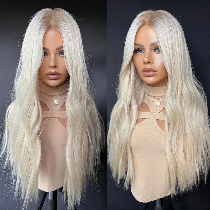 Peluca de encaje con ondas sueltas, color rubio blanco ombré con raíces cortas, para mujeres blancas, fibra sintética premium resistente al calor, peluca para fiestas.