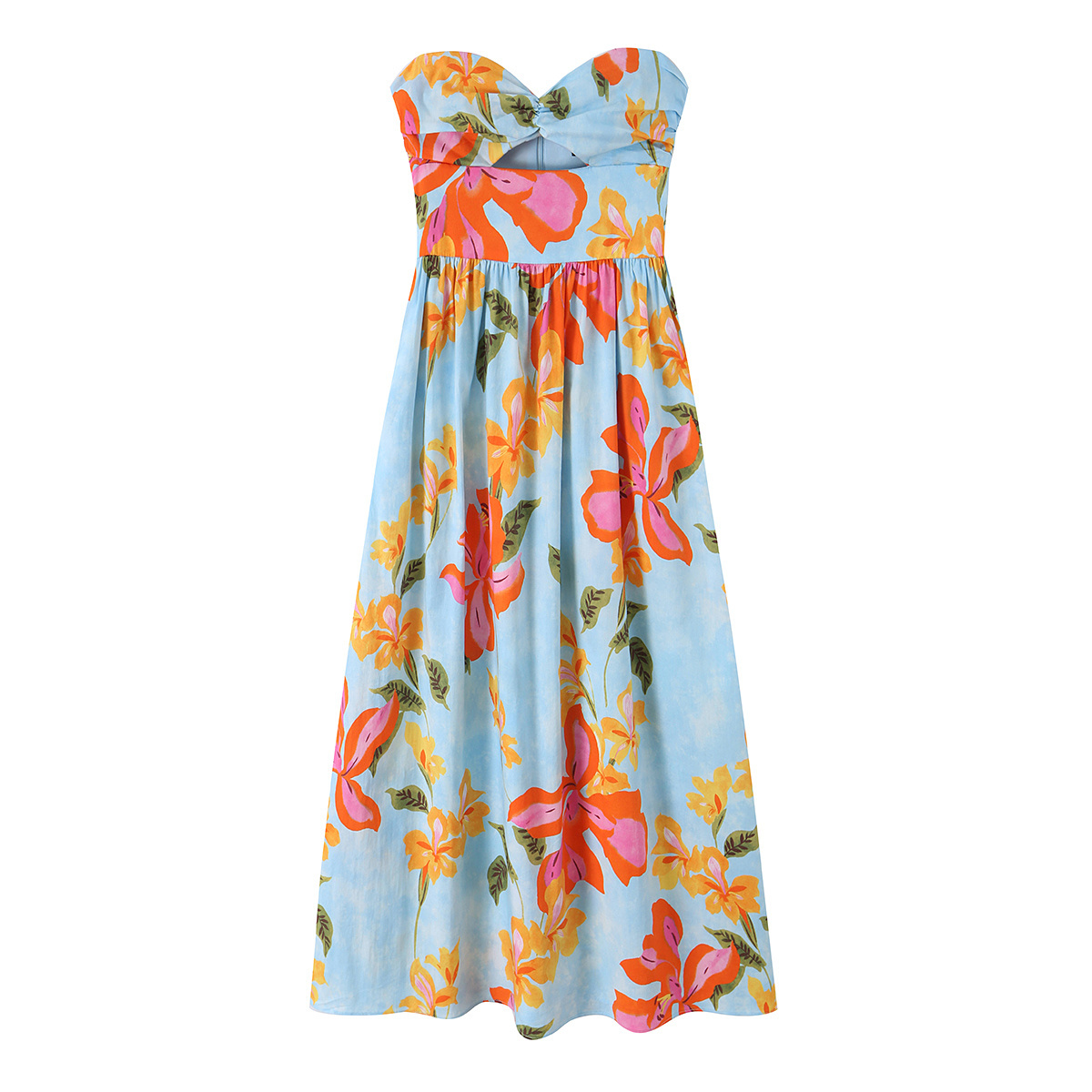 Willshela Women Fashion Printed Hollow Out Pleated Backless Zipper Midi Dress Vintage Strapless Sleeveless Female Chic Dresses