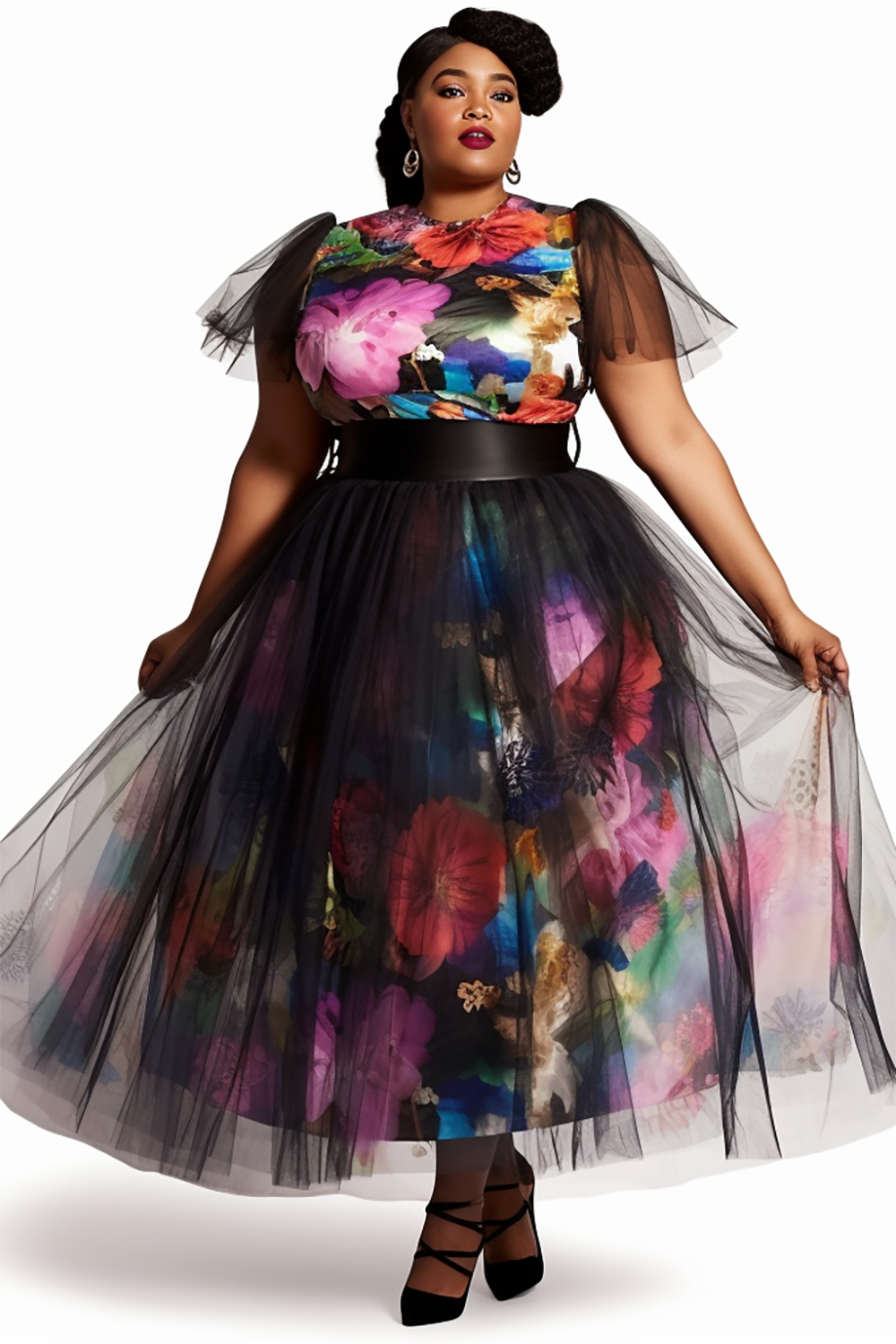 Vestido de talla grande para mujer, traje elegante de dos piezas con estampado Floral negro, cuello redondo, manga corta, malla de contraste para invitados de boda