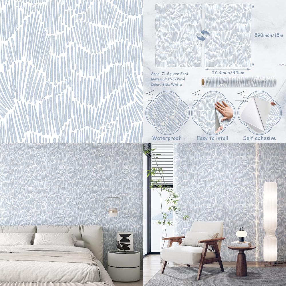 Blue Striped Modern Wallpaper Peel and Stick Wallpaper Boho 17.3×590 Removable Self Adhesive Wall Paper for Bedroom Waterproof B