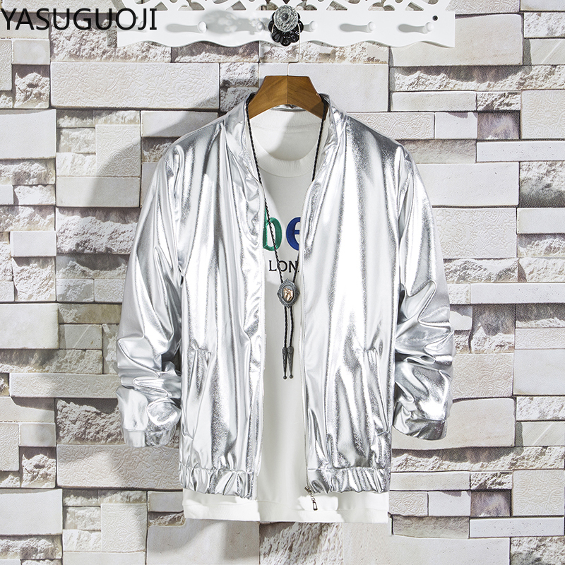 YASUGUOJI nuevo vestido de actuación de primavera para hombre, chaqueta brillante, ropa de calle de Color brillante dorado y plateado, abrigos y chaquetas de Hip Hop para hombre