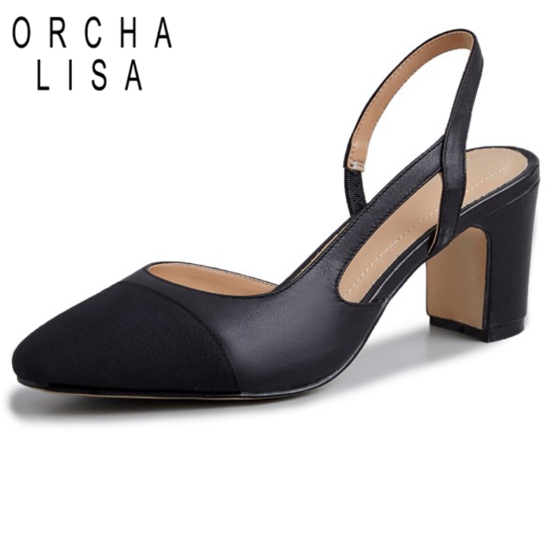 ORCHALISA-sandálias redondas de couro integral para mulheres, salto em bloco, alça traseira, bege, branco, preto, casual, tamanho grande, 33-42, S3081, primavera