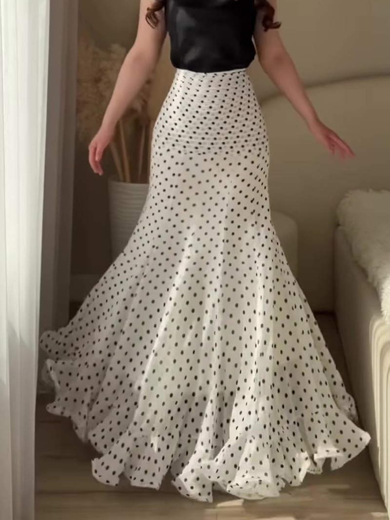 2026 Damen Polka Dot Rock mit Rüschensaum, modischer Sommer-Maxirock, eleganter High-Waist Bodycon Freizeitrock für den Urlaub