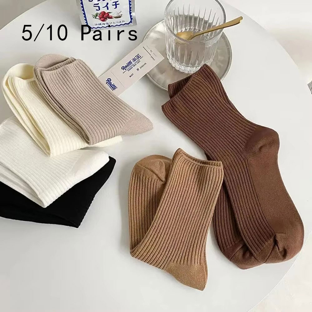 5/10 paires couleur unie femmes mi-longue chaussettes loisirs haute qualité printemps automne simplicité rayure doux respirant femmes chaussettes
