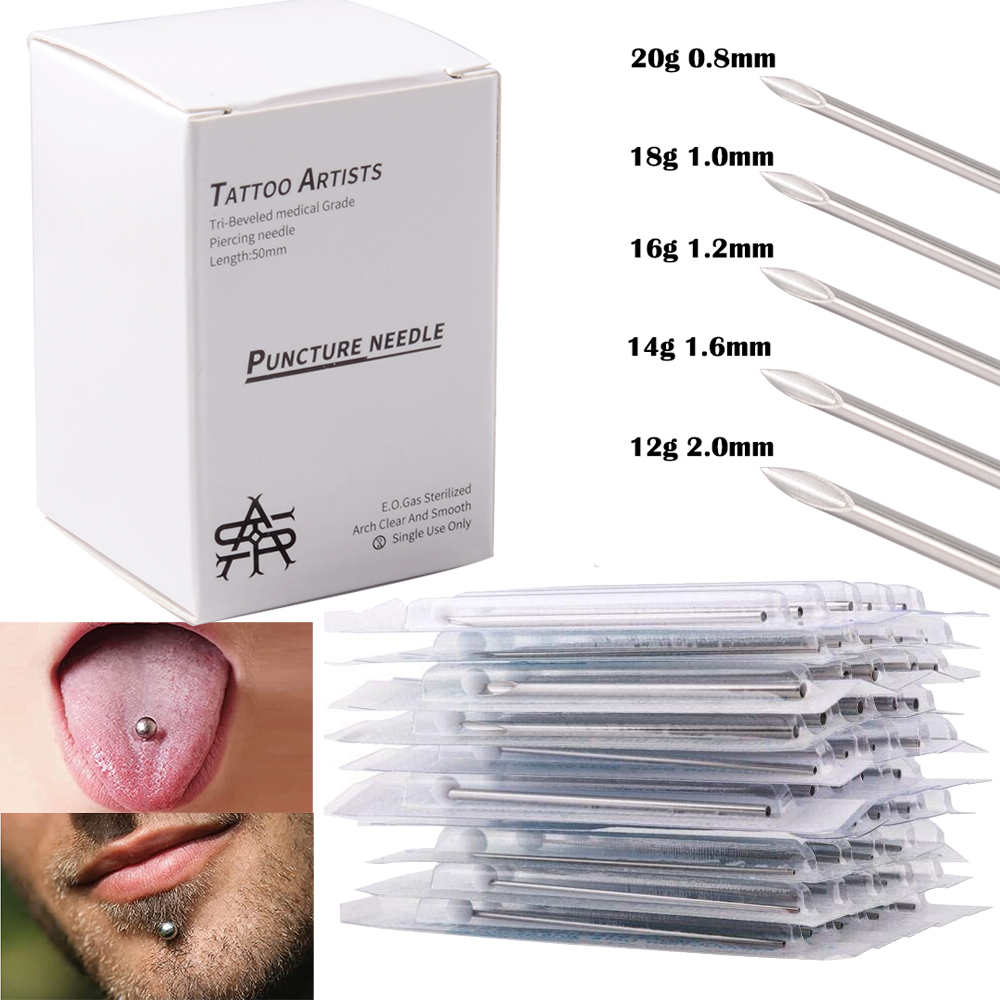 Agulhas de piercing descartáveis estéreis de aço inoxidável, 10 peças-100 peças para orelha, nariz, umbigo, barriga, mamilo, língua, lábio, smiley, piercing corporal