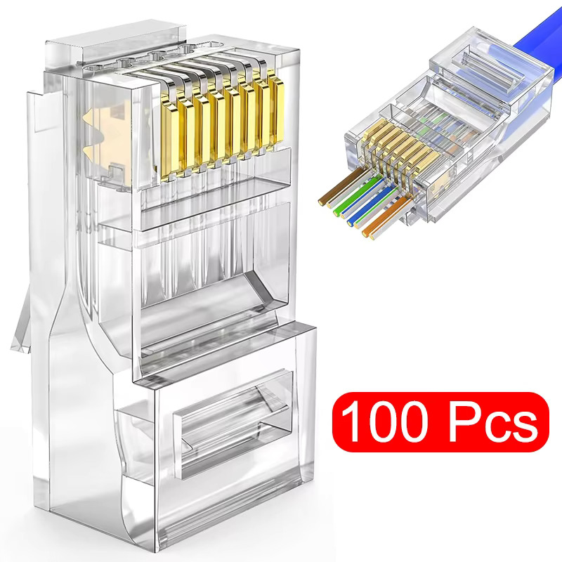 หัวต่อ RJ45 CAT6 CAT5e แบบ Pass Through จำนวน 100 ชิ้น/ล็อต หัวคริสตัลเคลือบทอง 8P8C แบบ Crimp มาตรฐาน UTP สำหรับเครือข่ายอีเธอร์เน็ต