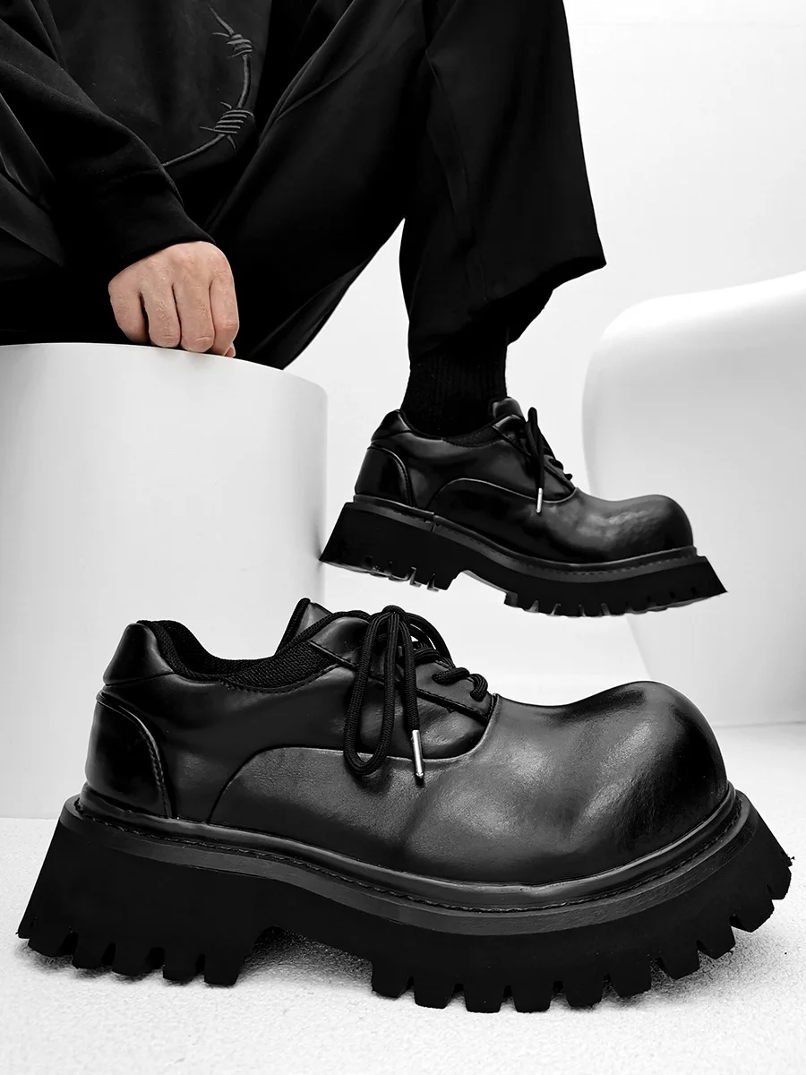 Męskie buty Derby z okrągłym noskiem, grubej podeszwy, dodatkowej wysokości, czarne skórzane buty, wysokiej jakości brytyjskie buty Ins z dużą główką